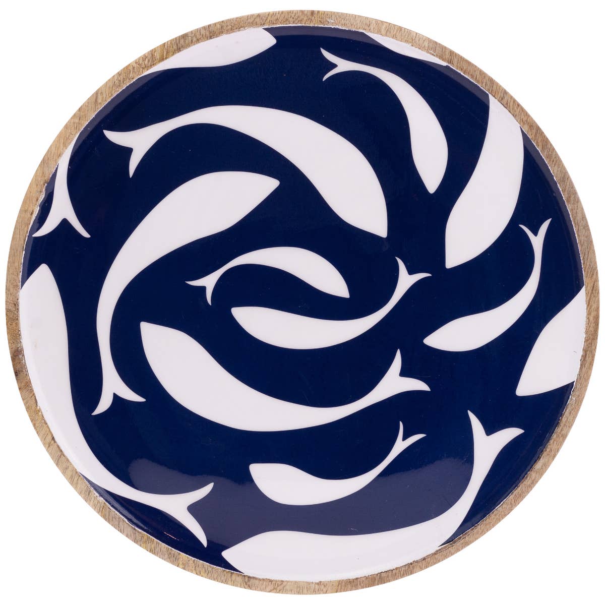 12" Dia. Navy Swirl Fish Mango Wood Round Platter