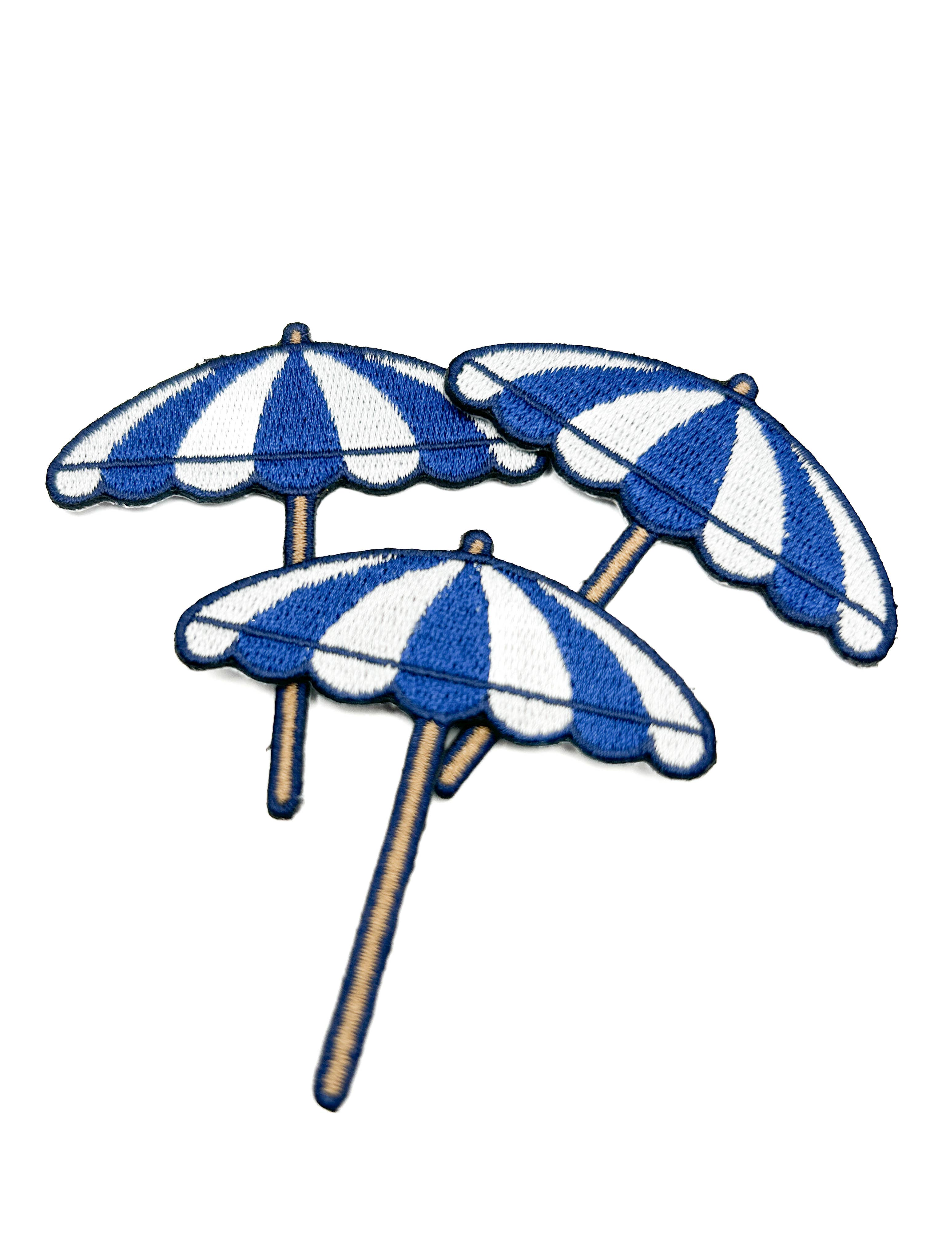 Beach Umbrella Embroidered Patch Blue White Coastal Nautical