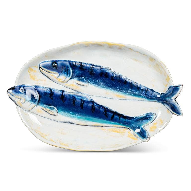 Oval Double Fish Plate-Blue & Yellow-5x8"L