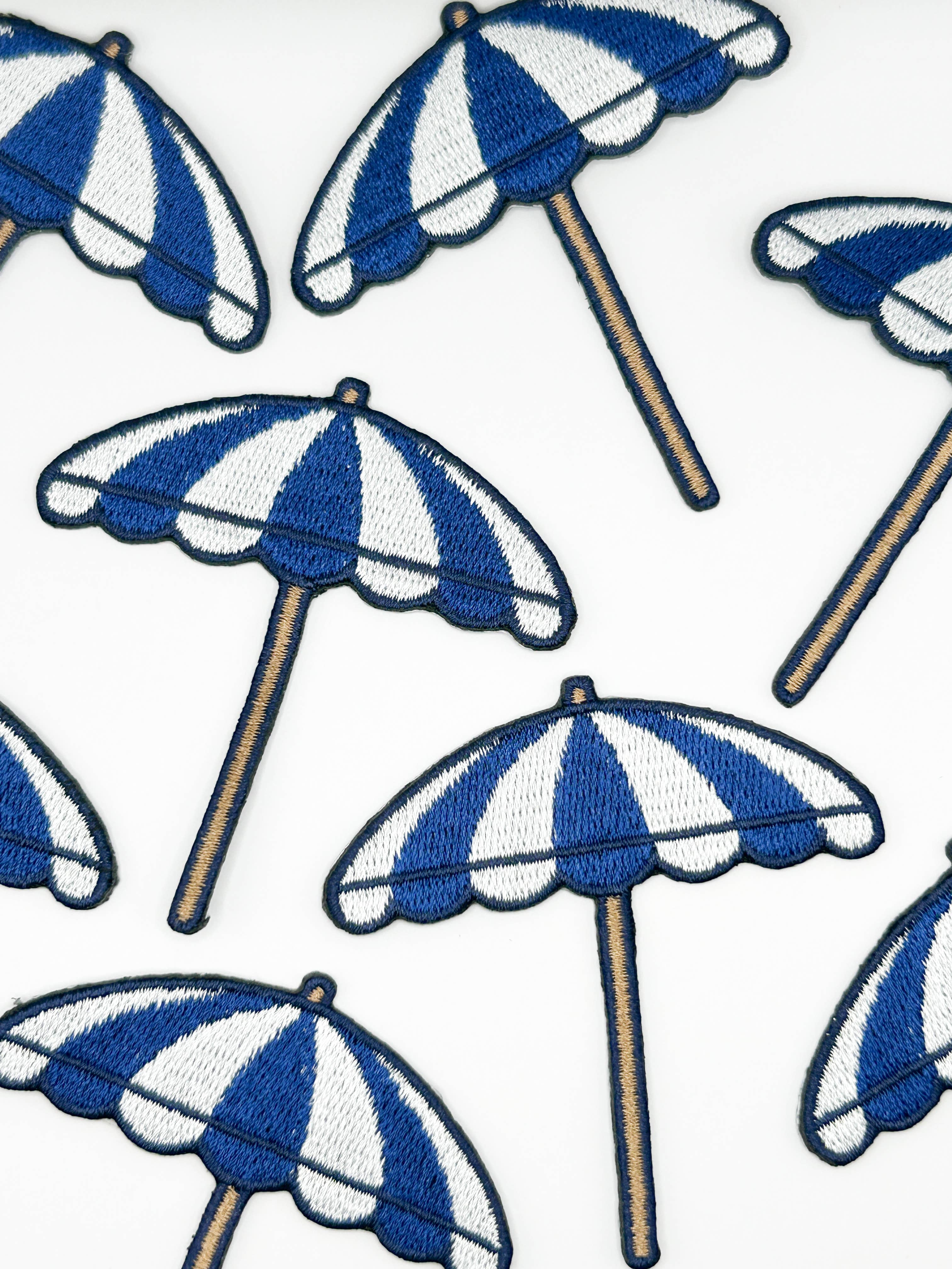 Beach Umbrella Embroidered Patch Blue White Coastal Nautical