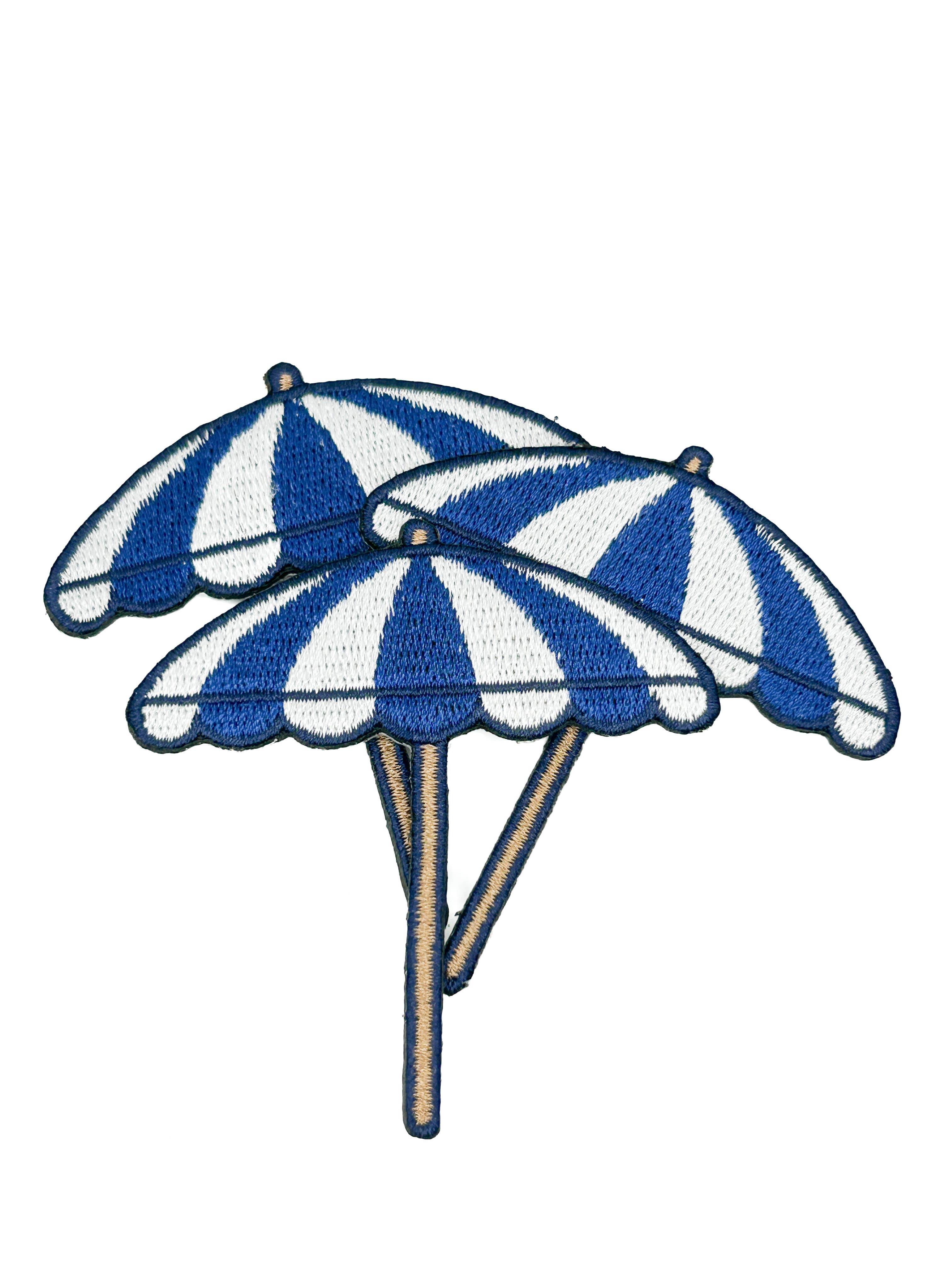 Beach Umbrella Embroidered Patch Blue White Coastal Nautical