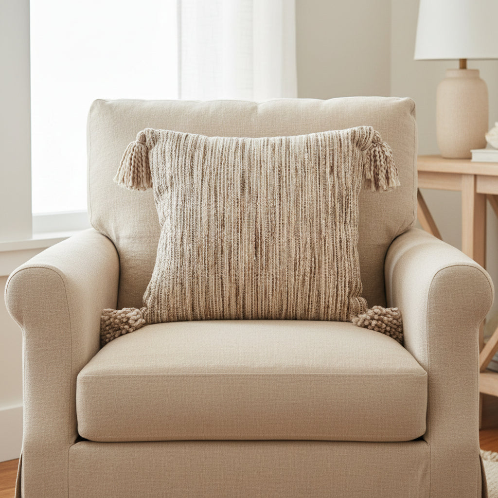 Beige multi tassel pillow