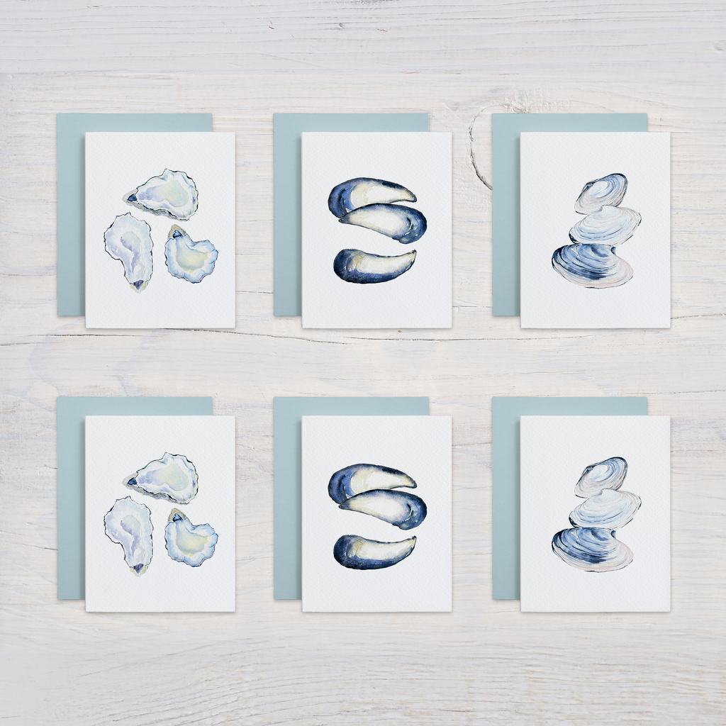 Blue Shells Watercolor Note Card Set (Mussels, Oysters, Clams)