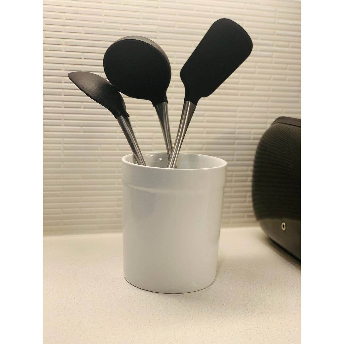 Fox Run Utensil Holder, White Stoneware, 4.75"x 4.75"x 5.5"